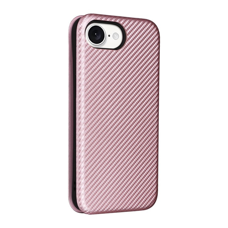 For iPhone 16e Case Carbon Fiber Texture Drop-Proof PU Leather Phone Cover - Rose Gold