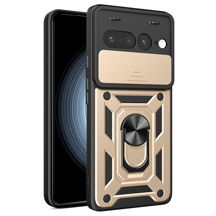 For Google Pixel 7 Pro 5G Case with Slide Camera Lid PC+TPU Kickstand Phone Cover - Gold