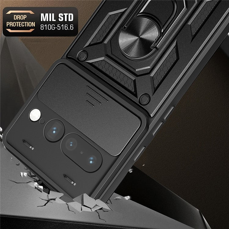 For Google Pixel 7 Pro 5G Case with Slide Camera Lid PC+TPU Kickstand Phone Cover - Gold