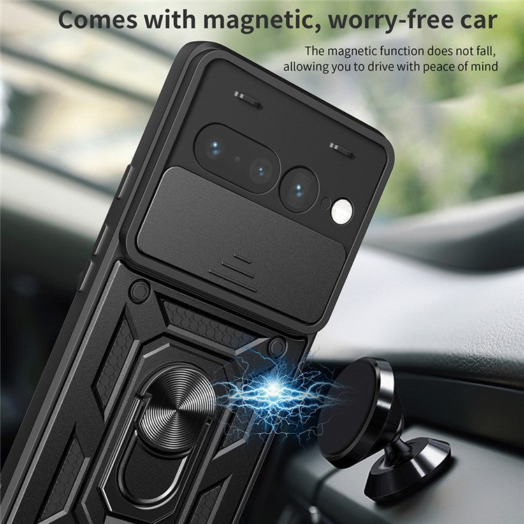 For Google Pixel 7 Pro 5G Case with Slide Camera Lid PC+TPU Kickstand Phone Cover - Blue