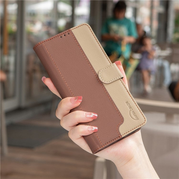 BINFEN COLOR BF33 for OnePlus 13 Leather Case Splicing Color RFID Blocking - Brown