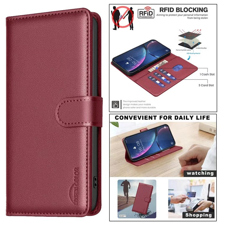BINFEN COLOR BF32 For OnePlus 13 Leather Case Wallet RFID Blocking Phone Cover - Red