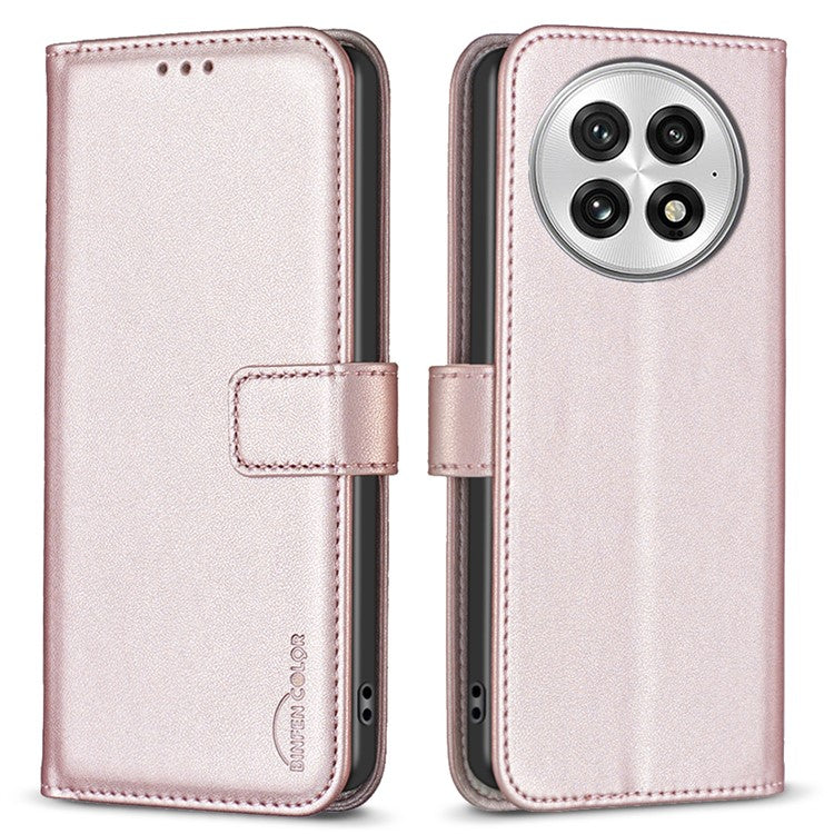 BINFEN COLOR BF17 For OnePlus 13 Case Wallet Folio Flip Leather Cover - Rose Gold