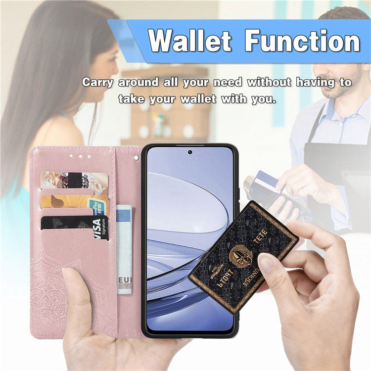 Wallet Case For Motorola Thinkphone 25 5G / Moto S50 5G / Edge 50 Neo 5G Mandala Flower Leather Phone Cover Stand View - Rose Gold