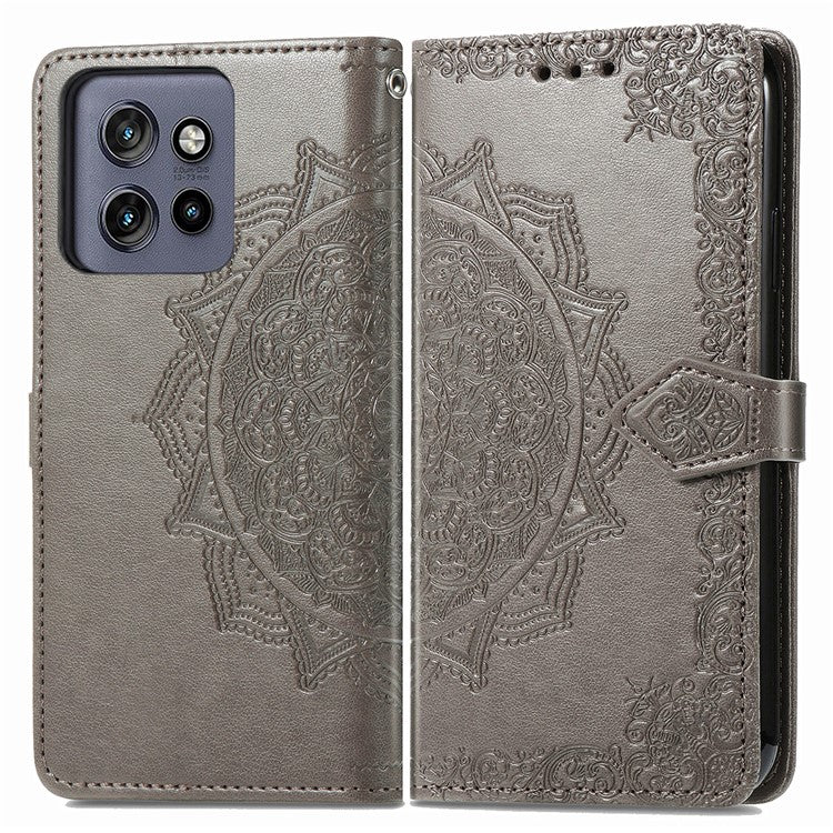 Wallet Case For Motorola ThinkPhone 25 5G / Moto S50 5G / Edge 50 Neo 5G Mandala Flower Leather Phone Cover Stand View - Grey