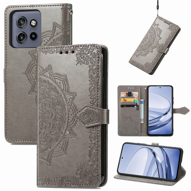 Wallet Case For Motorola ThinkPhone 25 5G / Moto S50 5G / Edge 50 Neo 5G Mandala Flower Leather Phone Cover Stand View - Grey