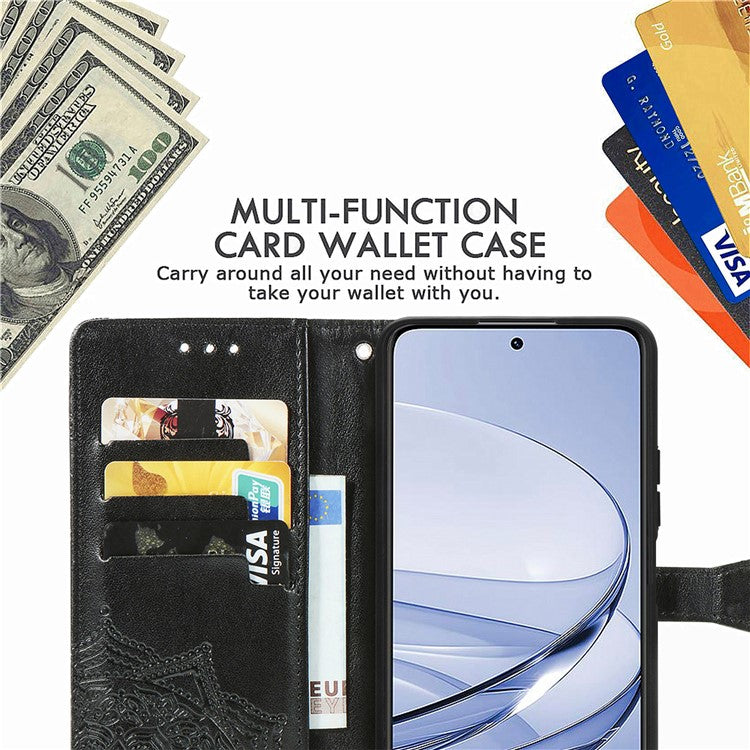 Wallet Case For Motorola ThinkPhone 25 5G / Moto S50 5G / Edge 50 Neo 5G Mandala Flower Leather Phone Cover Stand View - Black
