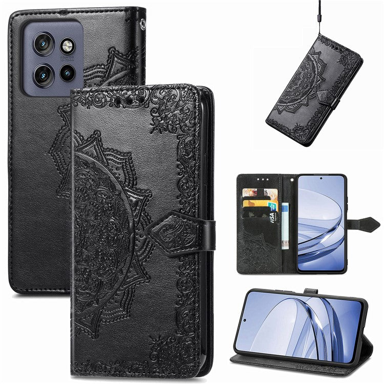 Wallet Case For Motorola ThinkPhone 25 5G / Moto S50 5G / Edge 50 Neo 5G Mandala Flower Leather Phone Cover Stand View - Black