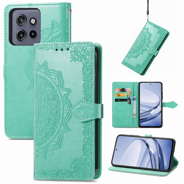 Wallet Case For Motorola ThinkPhone 25 5G / Moto S50 5G / Edge 50 Neo 5G Mandala Flower Leather Phone Cover Stand View - Green
