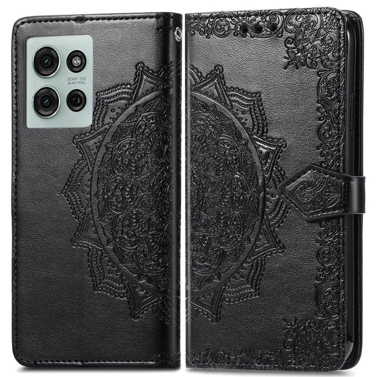 For Motorola Moto G75 5G Wallet Case Mandala Flower Leather Phone Cover Stand View - Black