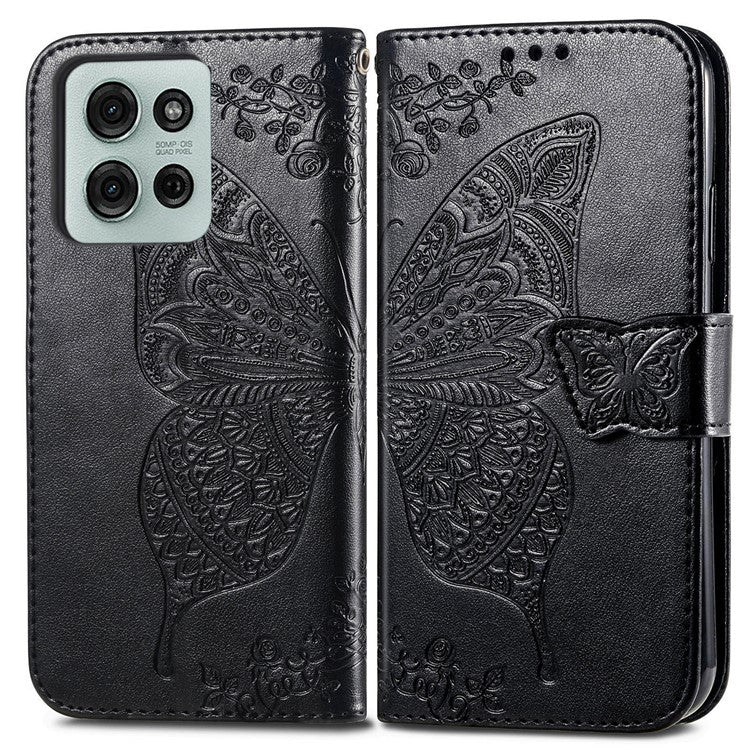 For Motorola Moto G75 5G Case PU Leather Wallet Phone Cover Butterfly Pattern - Black