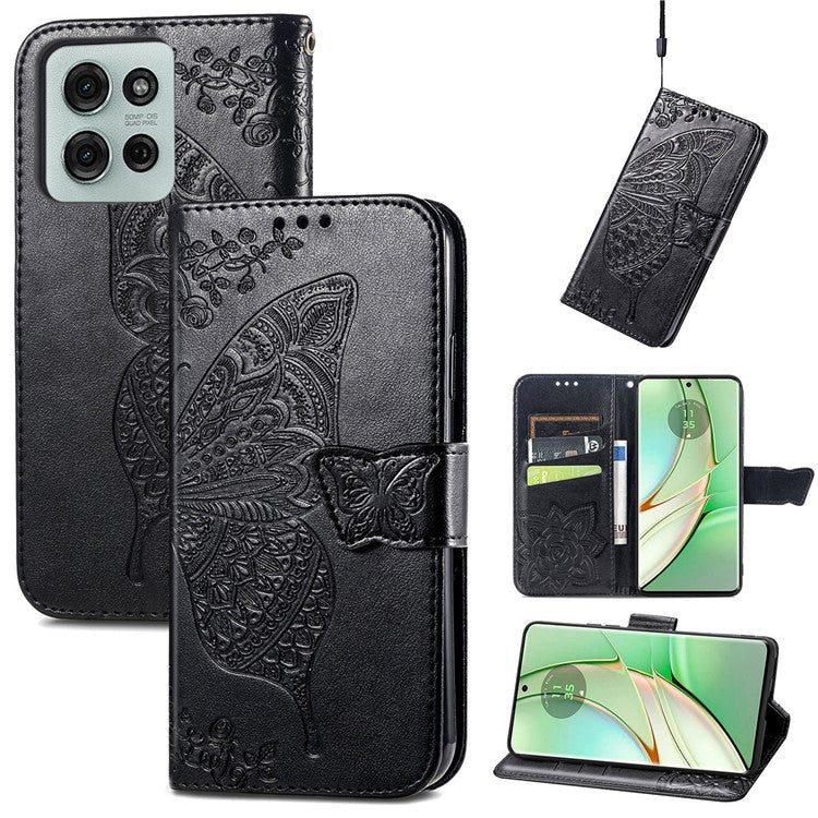 For Motorola Moto G75 5G Case PU Leather Wallet Phone Cover Butterfly Pattern - Black