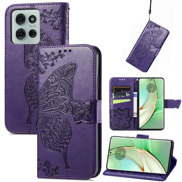 For Motorola Moto G75 5G Case PU Leather Wallet Phone Cover Butterfly Pattern - Dark Purple