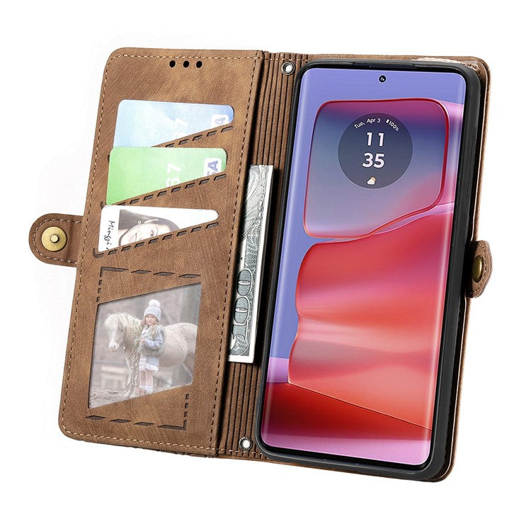 For Motorola Moto G75 5G Case Zipper Wallet Geometry Lines Leather Phone Cover - Brown