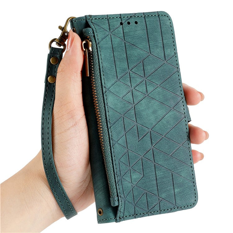 For Motorola Moto G75 5G Case Zipper Wallet Geometry Lines Leather Phone Cover - Green