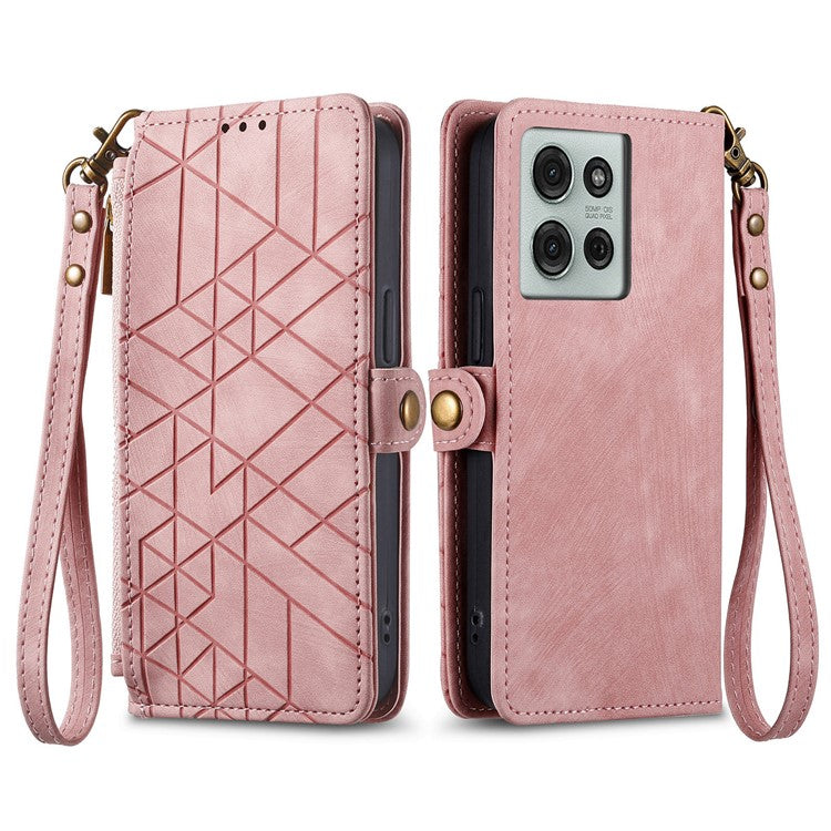 For Motorola Moto G75 5G Case Zipper Wallet Geometry Lines Leather Phone Cover - Pink