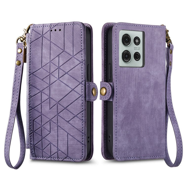 For Motorola Moto G75 5G Case Zipper Wallet Geometry Lines Leather Phone Cover - Light Purple