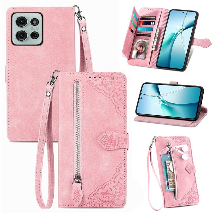 For Motorola Moto G75 5G Case Zipper Wallet PU Leather Flower Imprint Phone Cover - Pink