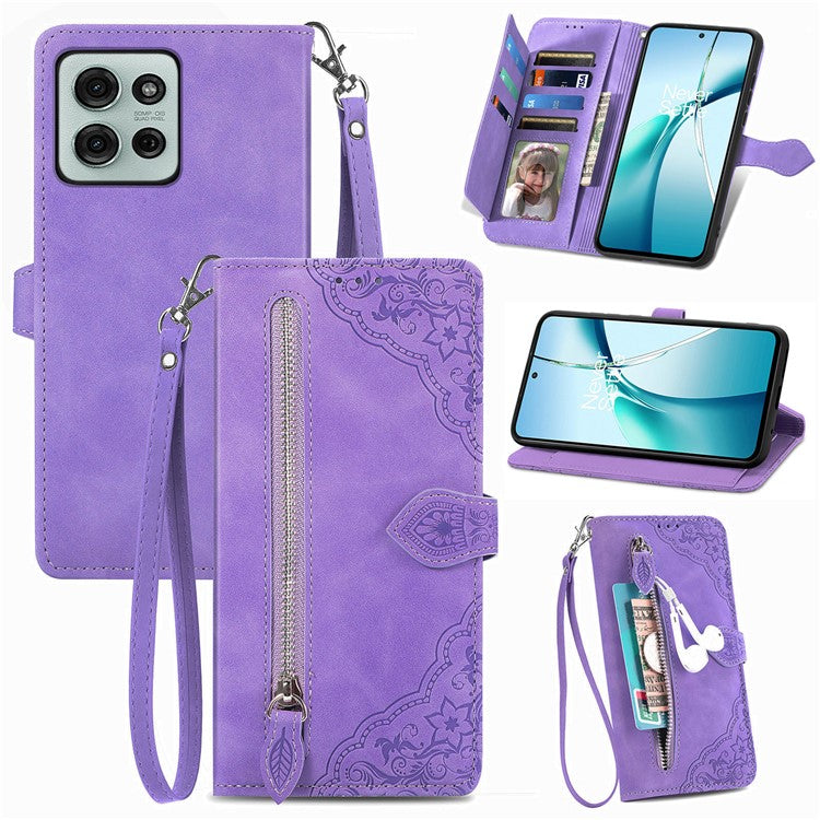 For Motorola Moto G75 5G Case Zipper Wallet PU Leather Flower Imprint Phone Cover - Light Purple