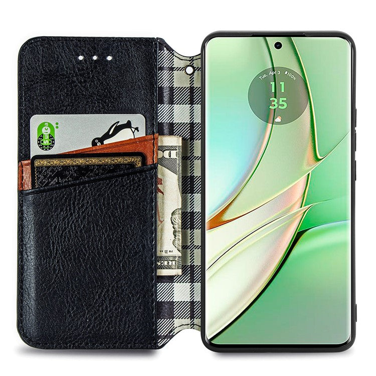 For Motorola Moto G75 5G Case Rhombus Imprint PU Leather Wallet Phone Cover - Black