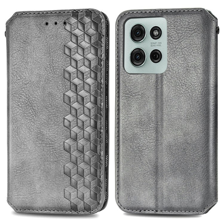 For Motorola Moto G75 5G Case Rhombus Imprint PU Leather Wallet Phone Cover - Grey