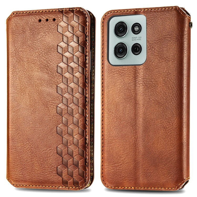 For Motorola Moto G75 5G Case Rhombus Imprint PU Leather Wallet Phone Cover - Brown
