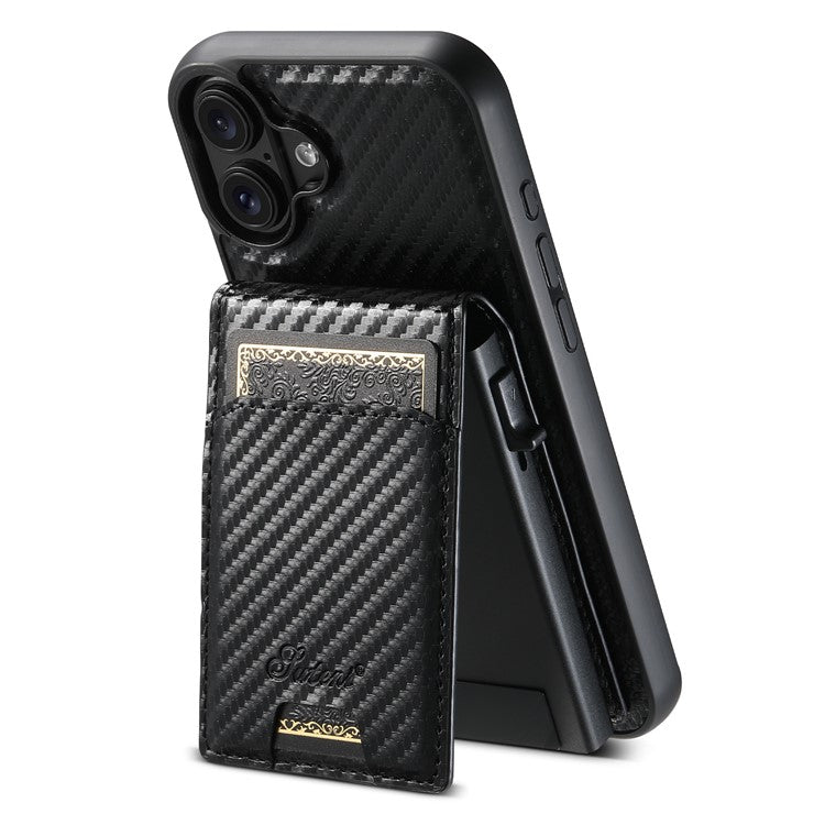 SUTENI H19 For iPhone 16 Magnetic Case Carbon Fiber Texture Leather Back Cover with Card Bag