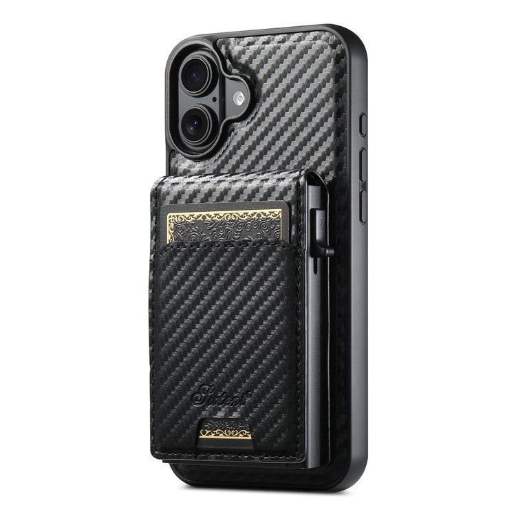 SUTENI H19 For iPhone 16 Magnetic Case Carbon Fiber Texture Leather Back Cover with Card Bag