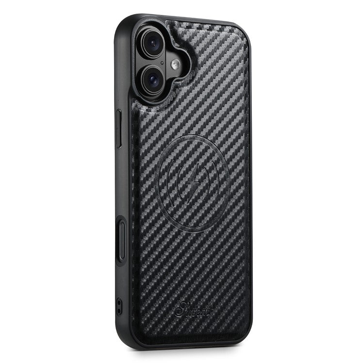 SUTENI H19 For iPhone 16 Magnetic Case Carbon Fiber Texture Leather Back Cover with Card Bag
