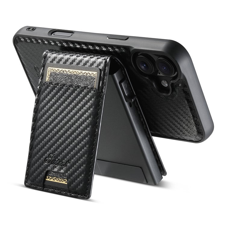 SUTENI H19 For iPhone 16 Magnetic Case Carbon Fiber Texture Leather Back Cover with Card Bag