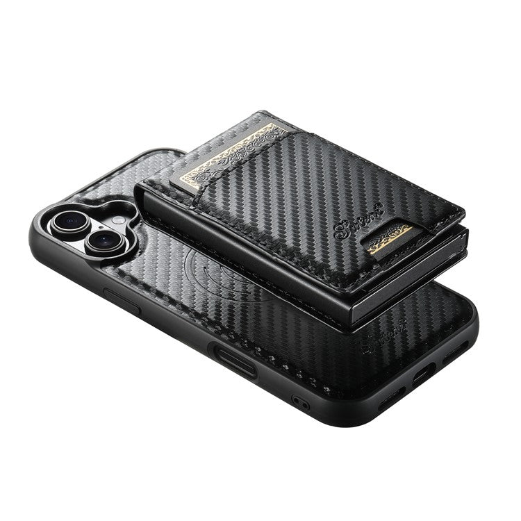 SUTENI H19 For iPhone 16 Magnetic Case Carbon Fiber Texture Leather Back Cover with Card Bag