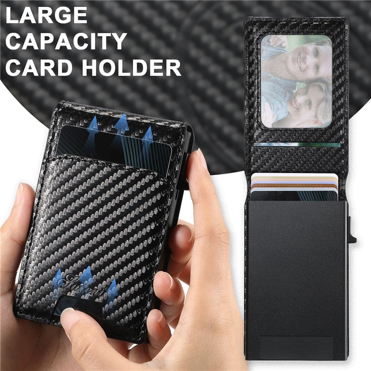 SUTENI H19 For iPhone 16 Magnetic Case Carbon Fiber Texture Leather Back Cover with Card Bag