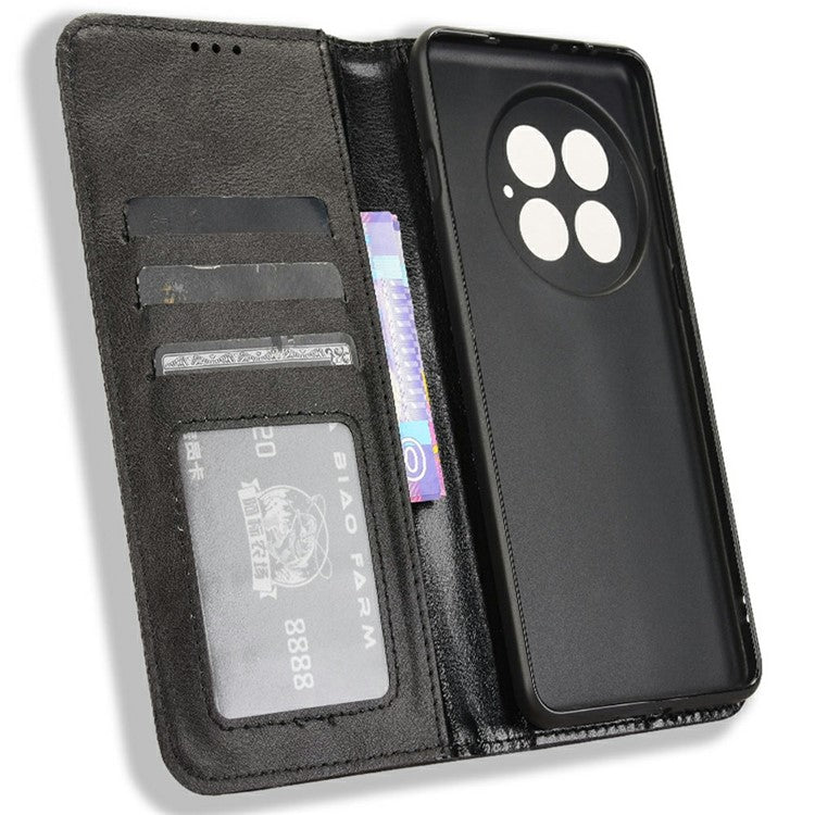 For OnePlus 13 Leather Case Wallet Stand Retro Texture Phone Cover - Black