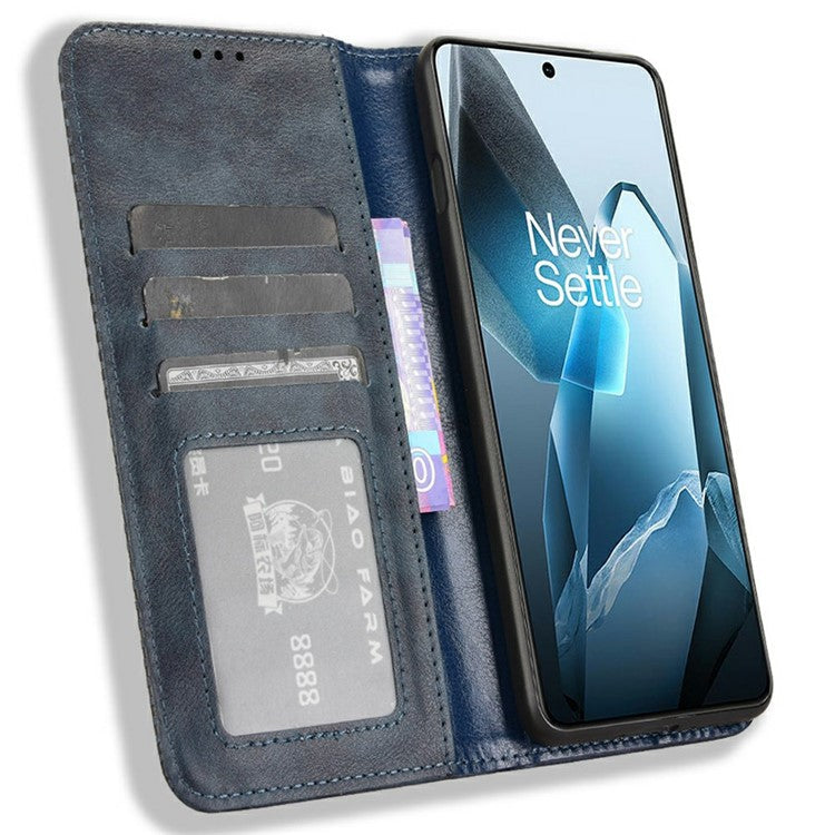 For OnePlus 13 Leather Case Wallet Stand Retro Texture Phone Cover - Blue