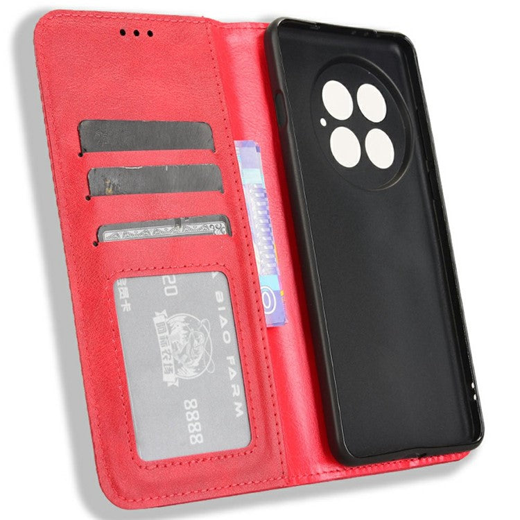 For OnePlus 13 Leather Case Wallet Stand Retro Texture Phone Cover - Red
