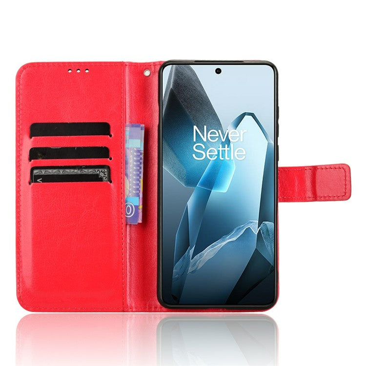 For OnePlus 13 Case Crazy Horse Texture PU Leather Phone Wallet Cover - Red