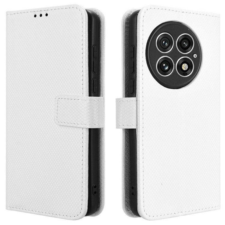 For OnePlus 13 Case PU Leather Diamond Texture Wallet Phone Cover - White