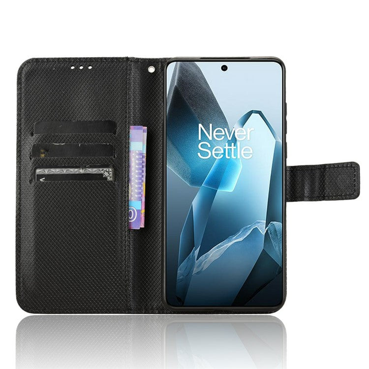 For OnePlus 13 Case PU Leather Diamond Texture Wallet Phone Cover - Black