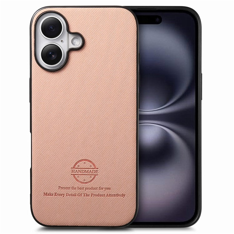 For iPhone 16 Case Cloth Texture Leather+PC+TPU Anti-Drop Phone Cover - Pink