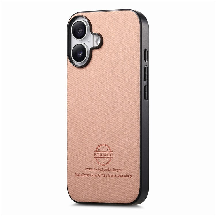 For iPhone 16 Case Cloth Texture Leather+PC+TPU Anti-Drop Phone Cover - Pink
