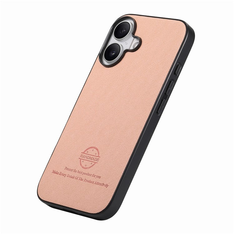 For iPhone 16 Case Cloth Texture Leather+PC+TPU Anti-Drop Phone Cover - Pink