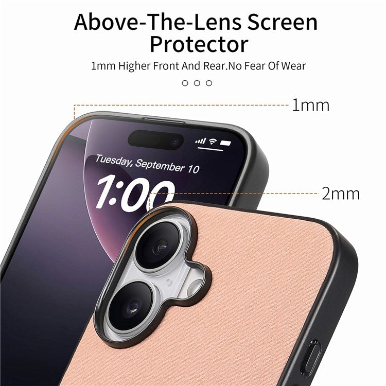 For iPhone 16 Case Cloth Texture Leather+PC+TPU Anti-Drop Phone Cover - Pink