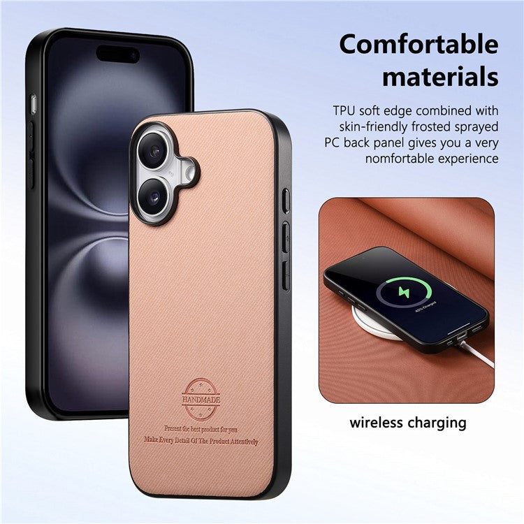 For iPhone 16 Case Cloth Texture Leather+PC+TPU Anti-Drop Phone Cover - Pink