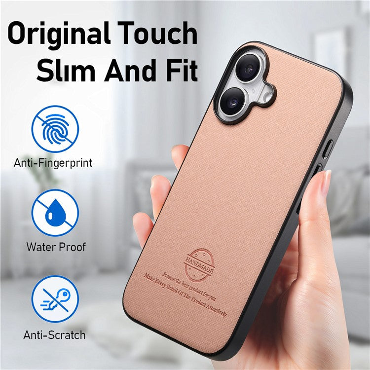 For iPhone 16 Case Cloth Texture Leather+PC+TPU Anti-Drop Phone Cover - Pink