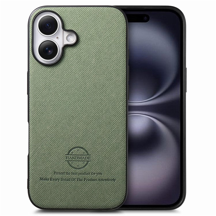 For iPhone 16 Case Cloth Texture Leather+PC+TPU Anti-Drop Phone Cover - Green