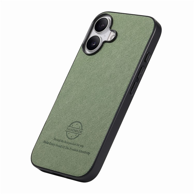 For iPhone 16 Case Cloth Texture Leather+PC+TPU Anti-Drop Phone Cover - Green