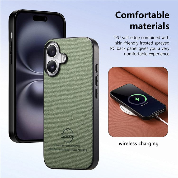 For iPhone 16 Case Cloth Texture Leather+PC+TPU Anti-Drop Phone Cover - Green
