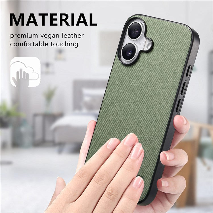 For iPhone 16 Case Cloth Texture Leather+PC+TPU Anti-Drop Phone Cover - Green