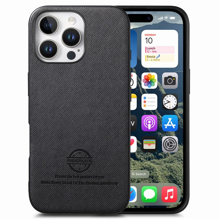For iPhone 16 Pro Case Cloth Texture Leather+PC+TPU Anti-Drop Phone Cover - Black