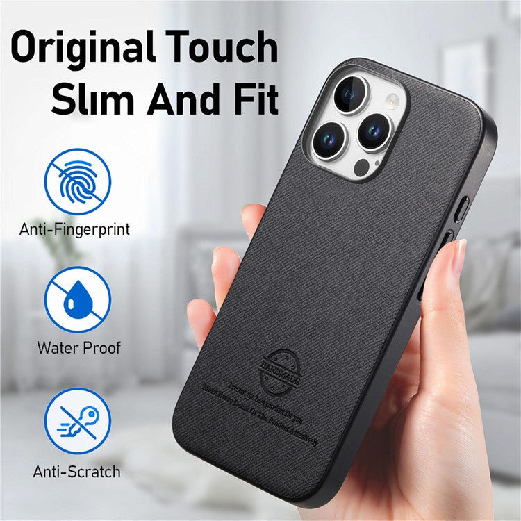 For iPhone 16 Pro Case Cloth Texture Leather+PC+TPU Anti-Drop Phone Cover - Black